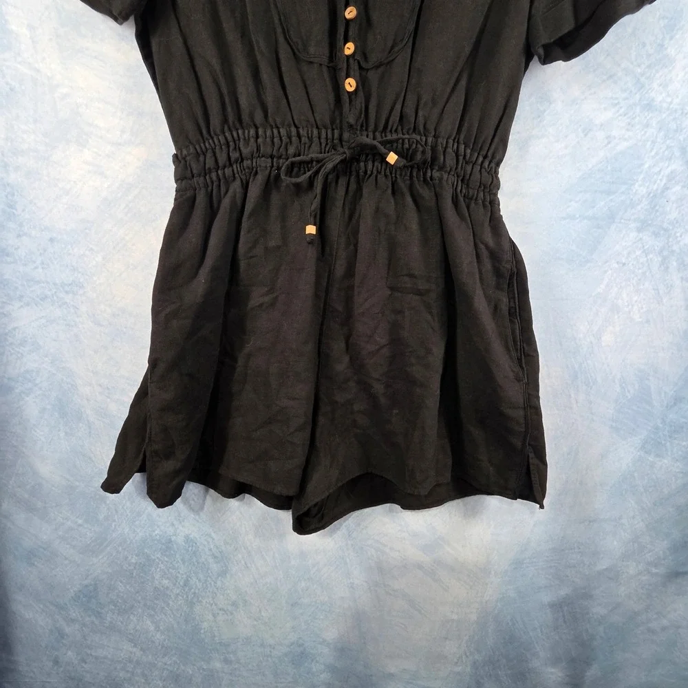 Zara Black Linen Blend Short Sleeve Button Front Drawstring Romper‎ Womens M